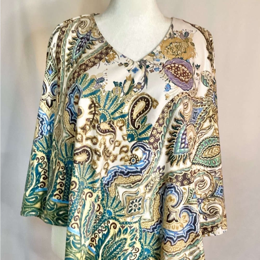 Chico's Paisley V-Neck Tunic in Teal, Cream & Gold